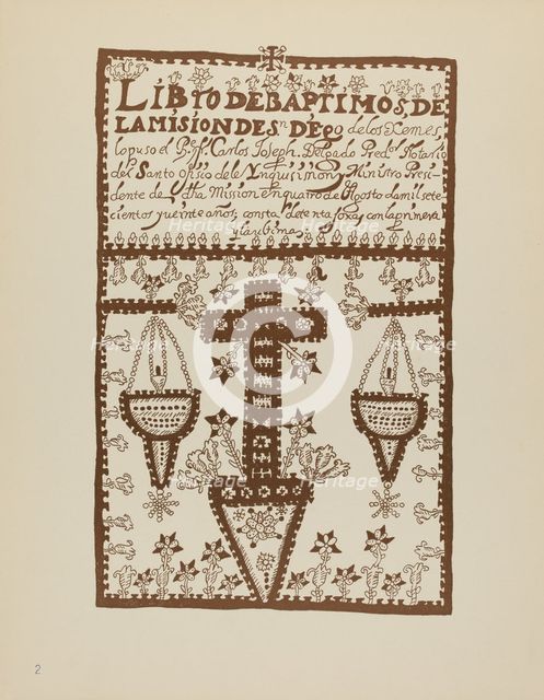 Plate 2: Jemez Book of Baptisms: From Portfolio "Spanish Colonial Designs of New Mexico", 1935/1942. Creator: Unknown.