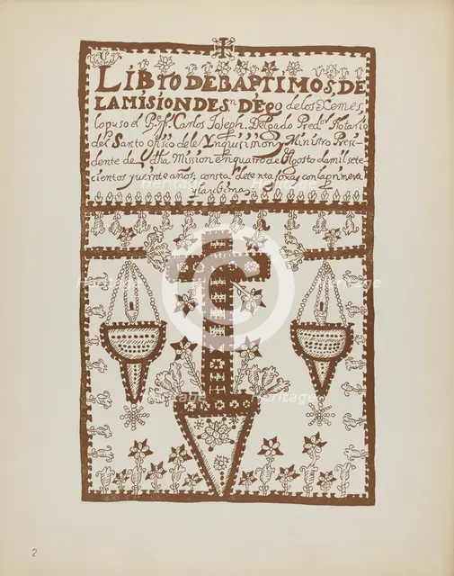 Plate 2: Jemez Book of Baptisms: From Portfolio "Spanish Colonial Designs of New Mexico", 1935/1942. Creator: Unknown.