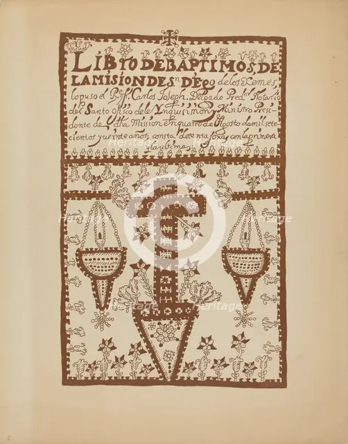 Plate 2: Jemez Book of Baptisms: From Portfolio "Spanish Colonial Designs of New Mexico", 1935/1942. Creator: Unknown.
