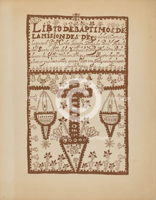 Plate 2: Jemez Book of Baptisms: From Portfolio "Spanish Colonial Designs of New Mexico", 1935/1942. Creator: Unknown.