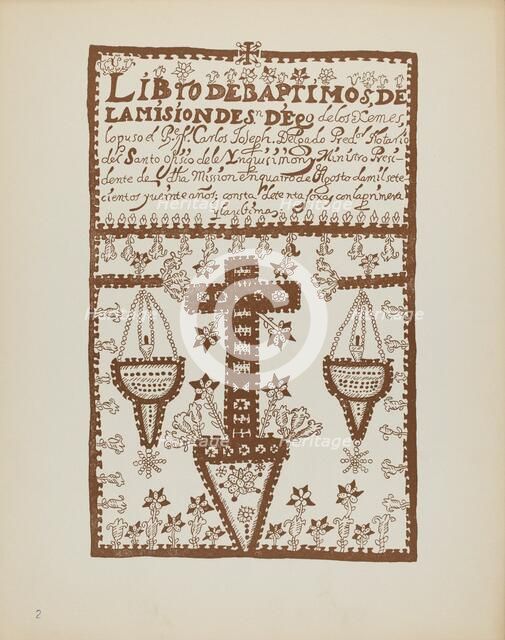 Plate 2: Jemez Book of Baptisms: From Portfolio "Spanish Colonial Designs of New Mexico", 1935/1942. Creator: Unknown.