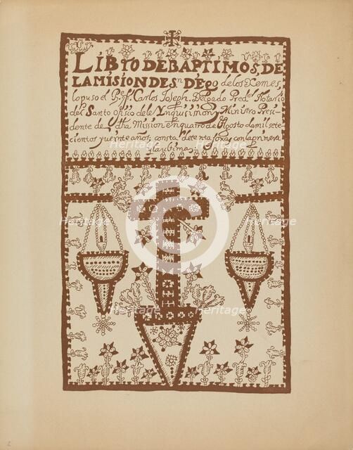 Plate 2: Jemez Book of Baptisms: From Portfolio "Spanish Colonial Designs of New Mexico", 1935/1942. Creator: Unknown.