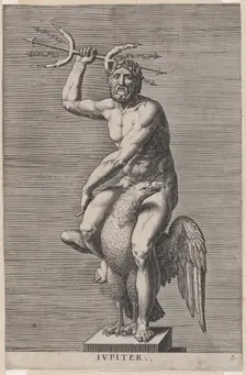 Plate 2: Jupiter; statue of the nude god seated on an eagle, holding a double trident; fro..., 1586. Creator: Philip Galle
