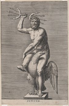 Plate 2: Jupiter; statue of the nude god seated on an eagle, holding a double trident; fro..., 1586. Creator: Philip Galle
