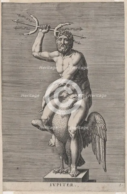 Plate 2: Jupiter; statue of the nude god seated on an eagle, holding a double trident; fro..., 1586. Creator: Philip Galle.