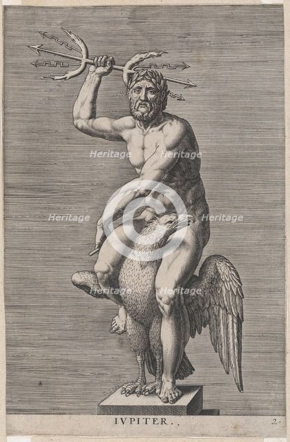 Plate 2: Jupiter; statue of the nude god seated on an eagle, holding a double trident; fro..., 1586. Creator: Philip Galle.