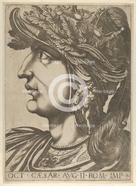 Plate 2: Octavian in profile to the left, from 'The Twelve Caesars', 1610-40., 1610-40. Creator: Anon.