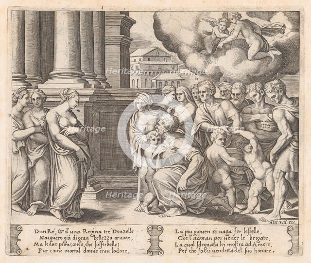 Plate 2: People rendering divine honors to Psyche, from the Story of Cupid and Psyche a..., 1530-60. Creator: Master of the Die.
