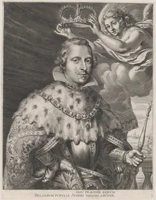 Plate 2: Portrait of Philip IV, King of Spain, being crowned; from Guillielmus Becanus's ..., 1636. Creators: Johannes Meursius, Willem van der Beke