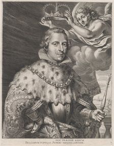 Plate 2: Portrait of Philip IV, King of Spain, being crowned; from Guillielmus Becanus's ..., 1636. Creators: Johannes Meursius, Willem van der Beke