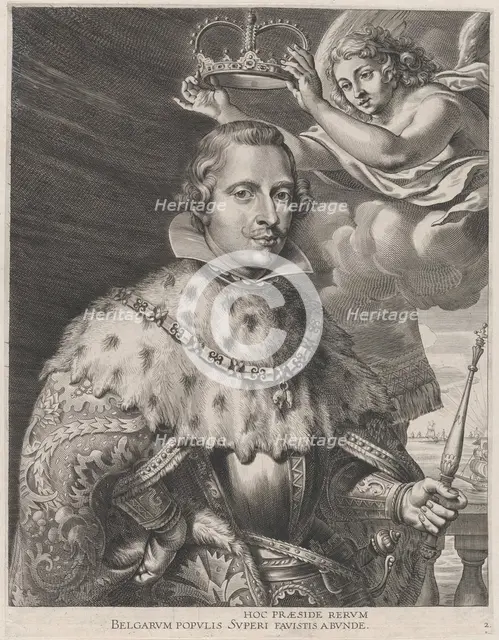 Plate 2: Portrait of Philip IV, King of Spain, being crowned; from Guillielmus Becanus's '..., 1636. Creators: Johannes Meursius, Willem van der Beke.