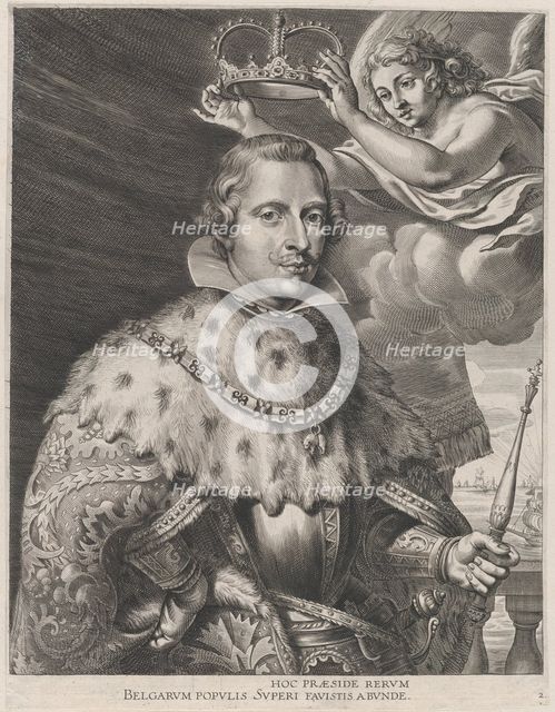 Plate 2: Portrait of Philip IV, King of Spain, being crowned; from Guillielmus Becanus's '..., 1636. Creators: Johannes Meursius, Willem van der Beke.