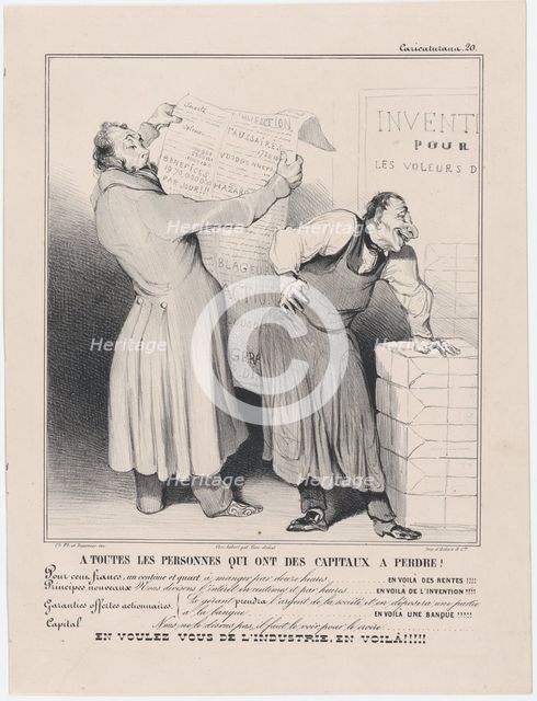Plate 20: A toutes les personnes qui ont des capitaux à perdre! , 1838. Creator: Honore Daumier.