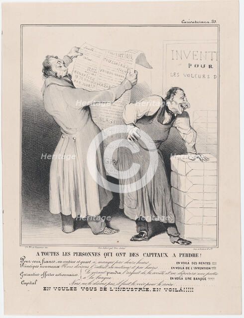 Plate 20: A toutes les personnes qui ont des capitaux à perdre! , 1838. Creator: Honore Daumier.
