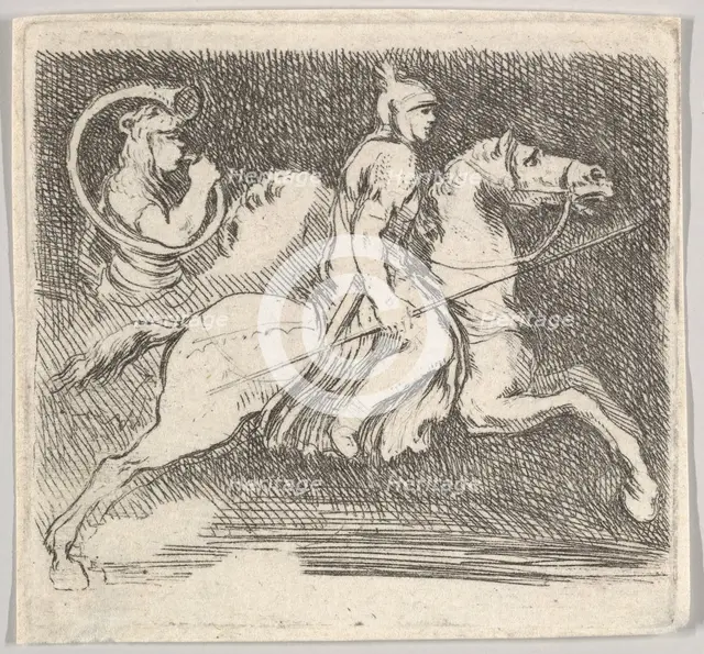 Plate 20: a soldier in profile galloping to the right holding a lance in his right han..., ca. 1646. Creator: Stefano della Bella.