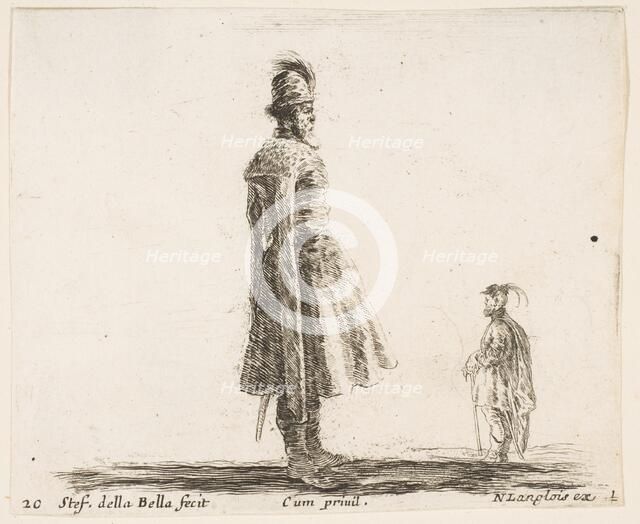 Plate 20: an old Polish nobleman wearing a plumed hat in center, standing in profil..., ca. 1644-47. Creator: Stefano della Bella.