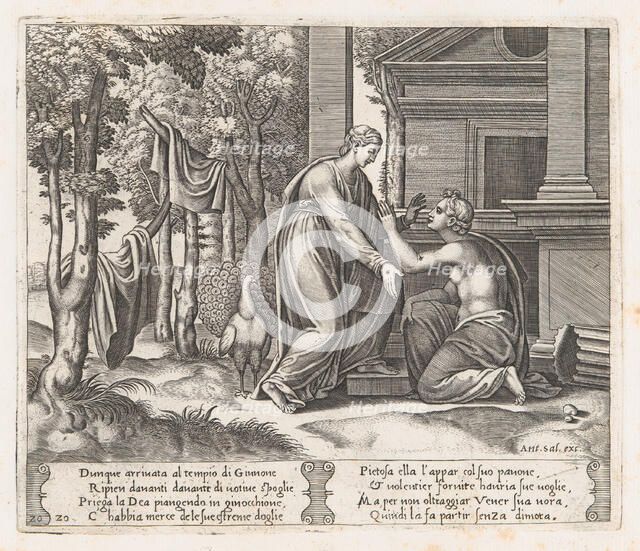 Plate 20: Juno, standing at left, sends away Psyche, who kneels before her, from the St..., 1530-60. Creator: Master of the Die.