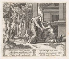 Plate 20: Juno, standing at left, sends away Psyche, who kneels before her, from the St..., 1530-60. Creator: Master of the Die