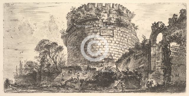 Plate 20: Tomb of Caecilia Metella called the Capo di Bove (Ox Head) (Sepolcro di Mete..., ca. 1748. Creator: Giovanni Battista Piranesi.