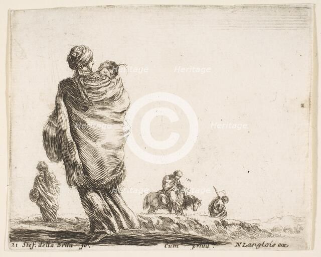 Plate 21: a poor woman to left, seen from behind, enveloping her child in a shawl..., ca. 1644-47. Creator: Stefano della Bella.