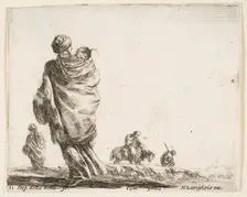Plate 21: a poor woman to left, seen from behind, enveloping her child in a shawl..., ca. 1644-47. Creator: Stefano della Bella