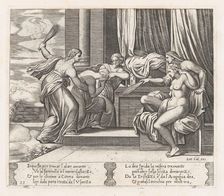 Plate 21: Female personifications of Sorrow and Pain at right punishing Psyche at the b..., 1530-60. Creator: Master of the Die