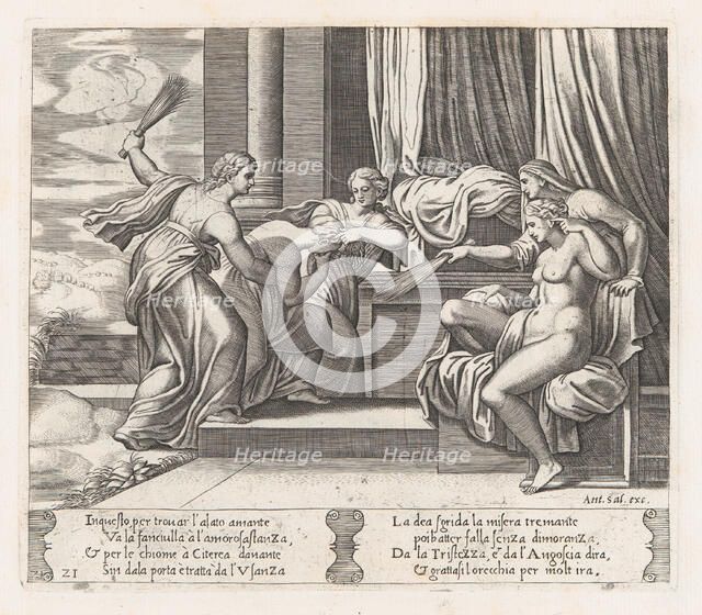 Plate 21: Female personifications of Sorrow and Pain at right punishing Psyche at the b..., 1530-60. Creator: Master of the Die.