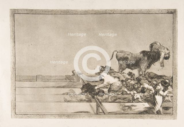 Plate 21 from the 'Tauromaquia': Dreadful events in the front rows of the ring at Madrid a..., 1816. Creator: Francisco Goya.