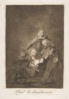 Plate 21 from Los Caprichos': How they pluck her! (¡Qual la descañonan!), 1799. Creator: Francisco Goya