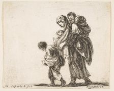 Plate 22: a beggar woman with three children, one child on her shoulders, one child..., ca. 1644-47. Creator: Stefano della Bella