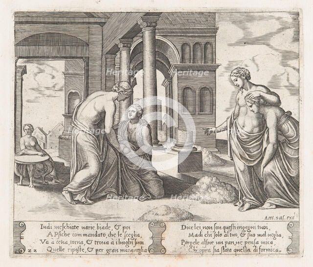 Plate 22: Venus standing at right ordering Psyche to sort a pile of grain, at left the ..., 1530-60. Creator: Master of the Die.