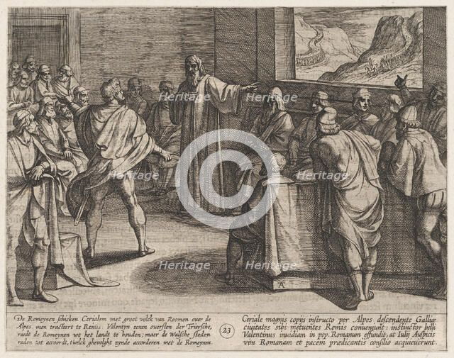 Plate 23: Conference on What Steps to Take Upon the Romans' New Troops Approaching Across ..., 1611. Creator: Antonio Tempesta.