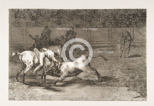 Plate 23 from the 'Tauromaquia':Mariano Ceballos, alias the Indian, kills the bull from hi..., 1816. Creator: Francisco Goya.
