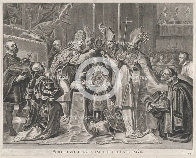 Plate 24: Charles V crowned Emperor by the Pope; from Guillielmus Becanus's 'Serenissimi P..., 1636. Creator: Pieter de Jode II.