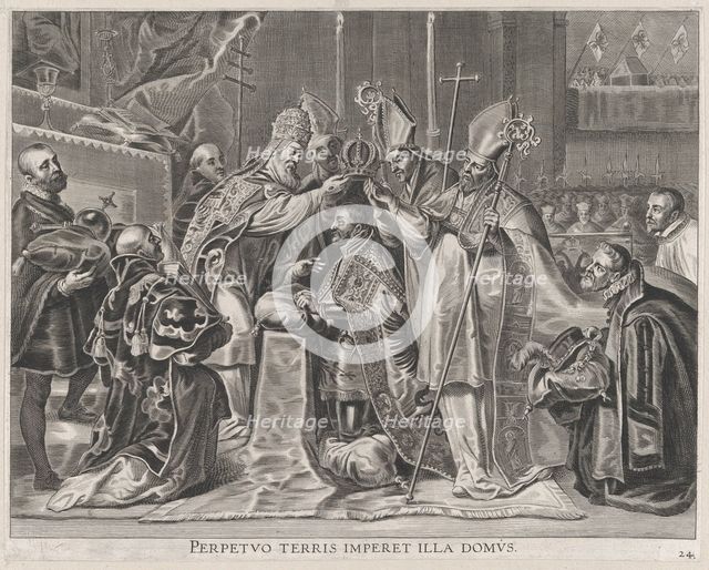 Plate 24: Charles V crowned Emperor by the Pope; from Guillielmus Becanus's 'Serenissimi P..., 1636. Creator: Pieter de Jode II.