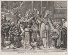 Plate 24: Charles V crowned Emperor by the Pope; from Guillielmus Becanus's Serenissimi P..., 1636. Creator: Pieter de Jode II