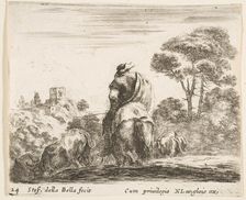Plate 24: herdsman atop a horse, seen from behind, leads his cattle down a hill, a ..., ca. 1644-47. Creator: Stefano della Bella
