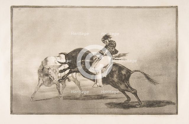 Plate 24 of the 'Tauromaquia': The same Ceballos mounted on another bull breaks short spea..., 1816. Creator: Francisco Goya.