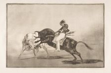 Plate 24 of the Tauromaquia': The same Ceballos mounted on another bull breaks short spea..., 1816. Creator: Francisco Goya
