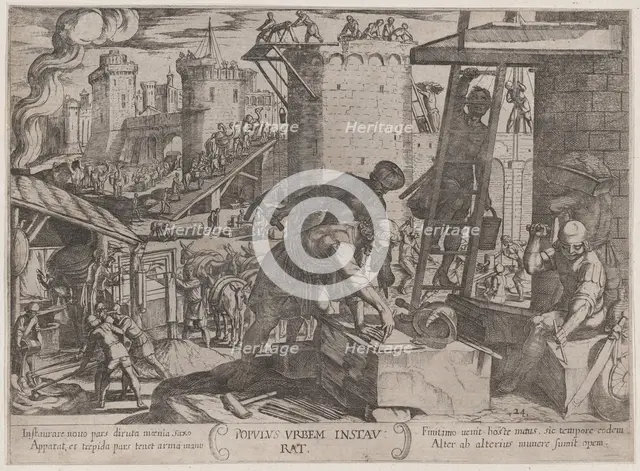 Plate 24: The Israelites Rebuilding the Walls of Jerusalem, from 'The Battles..., ca. 1590-ca. 1610. Creator: Antonio Tempesta.