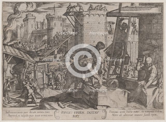 Plate 24: The Israelites Rebuilding the Walls of Jerusalem, from 'The Battles..., ca. 1590-ca. 1610. Creator: Antonio Tempesta.