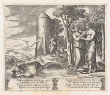 Plate 24: Venus and Psyche standing at right, pointing to the underworld at center, int..., 1530-60. Creator: Master of the Die