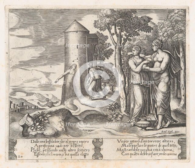 Plate 24: Venus and Psyche standing at right, pointing to the underworld at center, int..., 1530-60. Creator: Master of the Die.