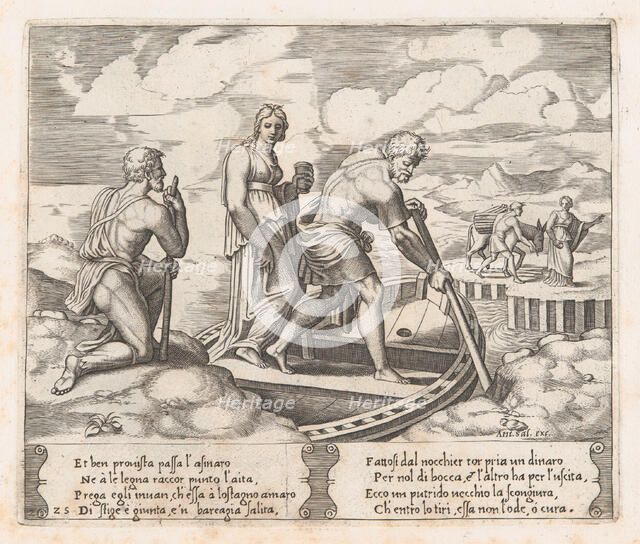 Plate 25: Psyche setting off in Charon's boat, ignoring the old man at left who request..., 1530-60. Creator: Master of the Die.