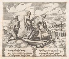 Plate 25: Psyche setting off in Charon's boat, ignoring the old man at left who request..., 1530-60. Creator: Master of the Die