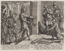Plate 26: Cerialis Pardons and Relieves Roman Soliders who had Helped Civilis, from The Wa..., 1611. Creator: Antonio Tempesta