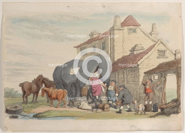Plate 26: A Flying Wagon, from "World in Miniature", 1816., 1816. Creator: Thomas Rowlandson.