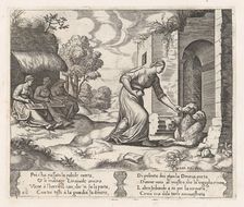 Plate 26: Psyche enters the underworld giving an offering to Cerberus, with two elderly..., 1530-60. Creator: Master of the Die
