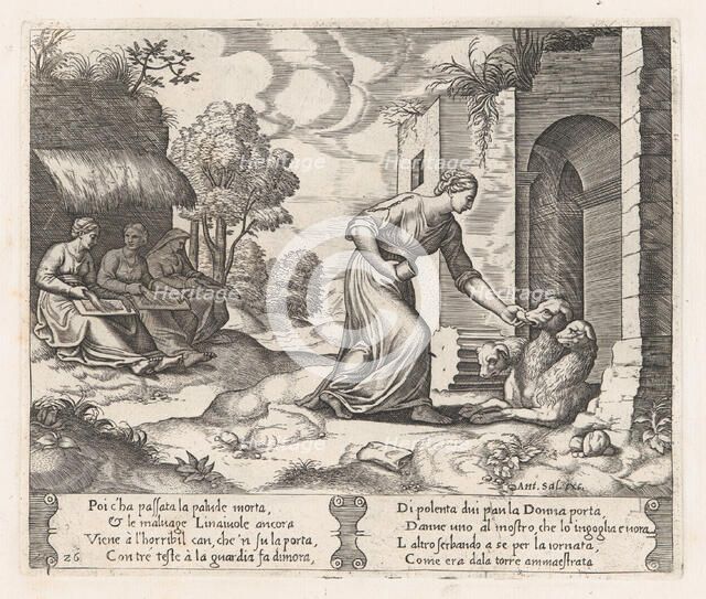 Plate 26: Psyche enters the underworld giving an offering to Cerberus, with two elderly..., 1530-60. Creator: Master of the Die.