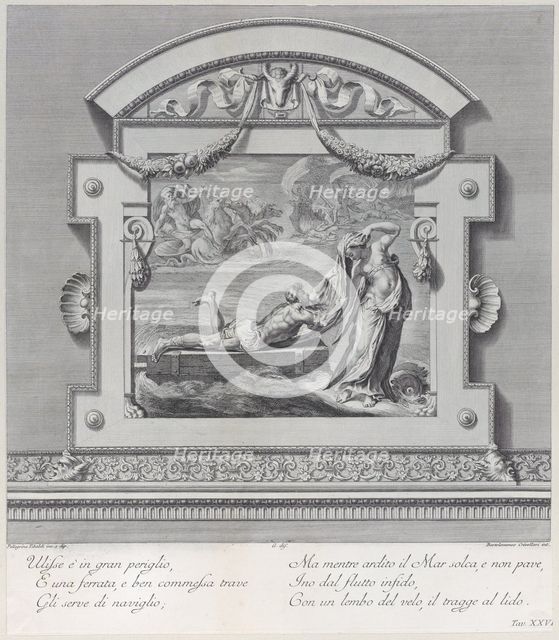 Plate 26: Ulysses escaping on a raft with the aid of the sea deity Leucothea, 1756. Creators: Bartolomeo Crivellari, Gabriel Söderling.